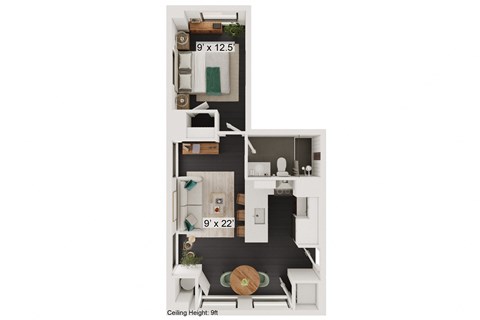Floor plan for 1 bed, 1 bath, 533 sqft